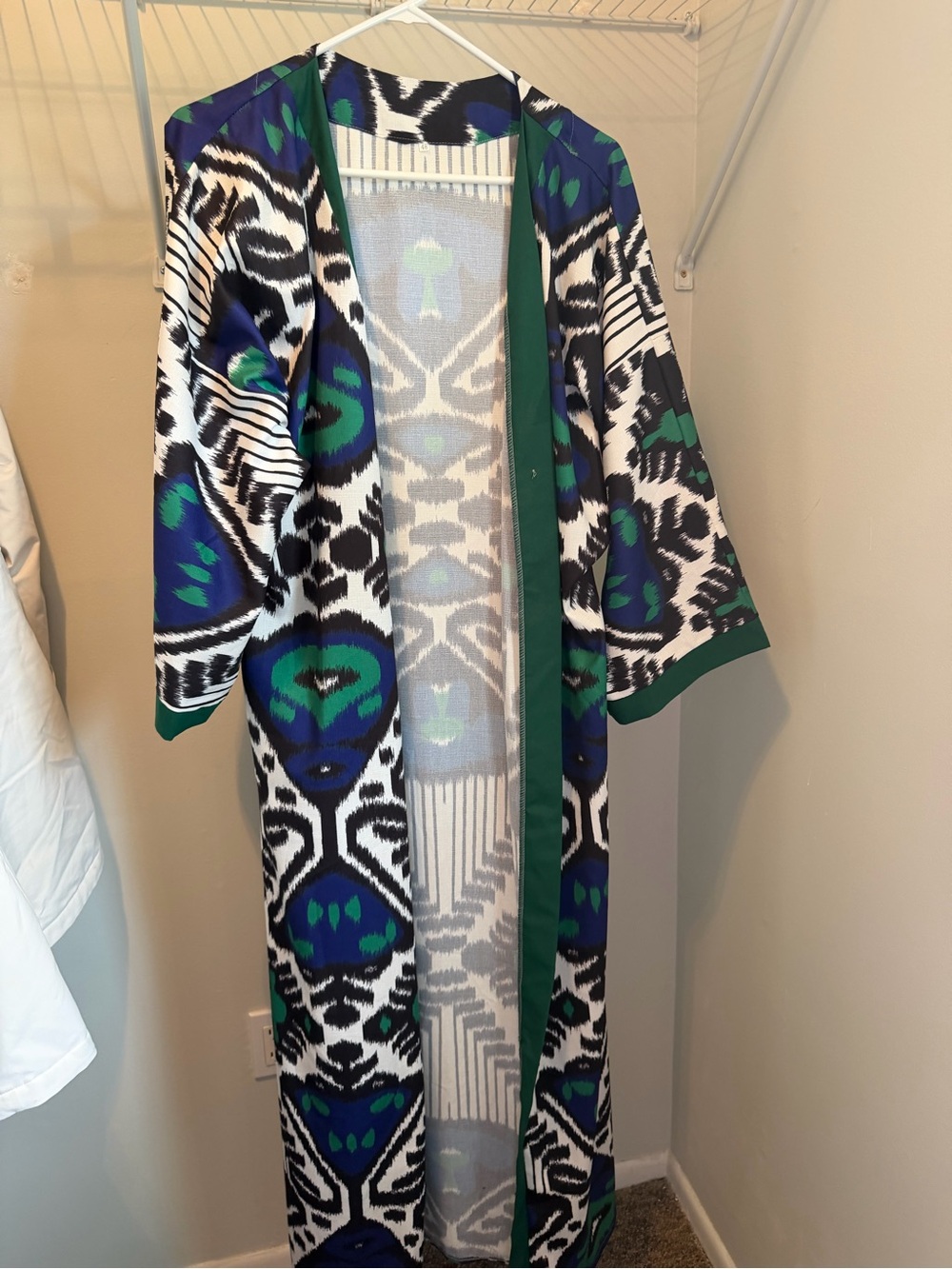 Printed Long Open Front Kimono Duster in Blue, Green & Black